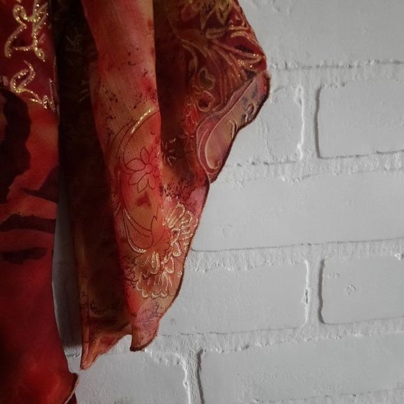 Laura Petites Rust tones Gold Glitter Semi Sheer Layered Tie Back Blouse Small P - Picture 4 of 11